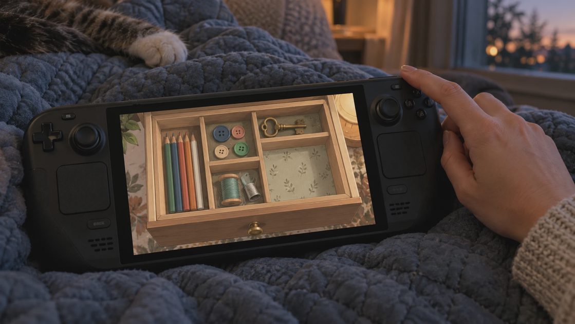 Handheld on a blue quilt showing an illustrated sorting puzzle with pencils, buttons, a key, and thread.