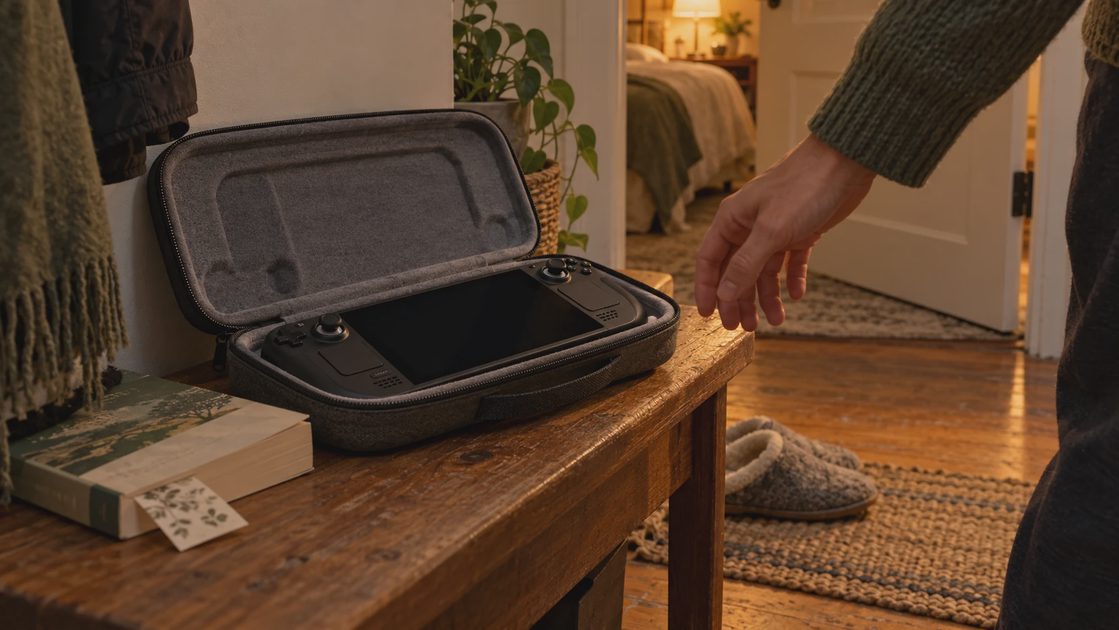 Dark-screen handheld resting in an open case on a wooden bench as a hand moves away.