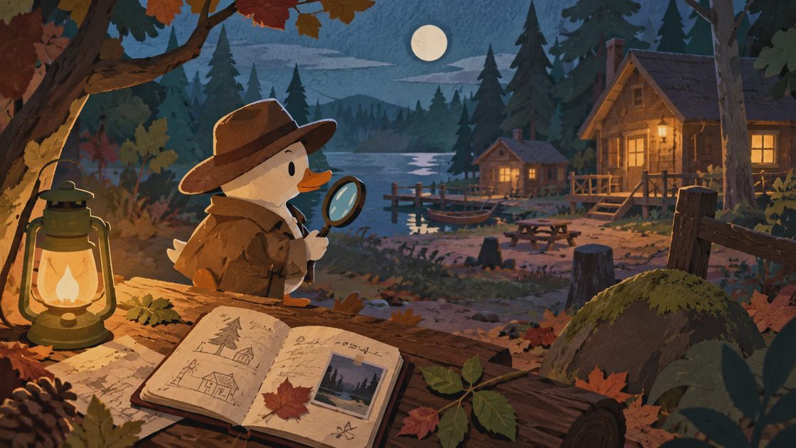 An illustrated duck detective examines a lantern-lit forest campsite with an open notebook.
