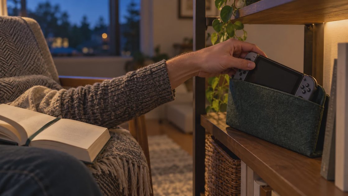A hand sliding a powered-off handheld console into a green sleeve beside an open book.