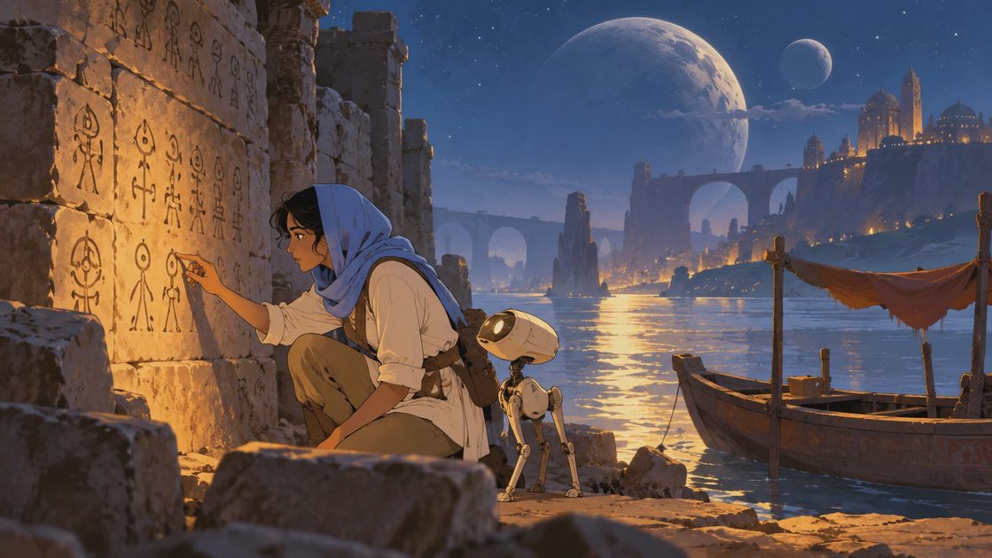 An explorer and a small robot study an ancient inscription beside a luminous river.