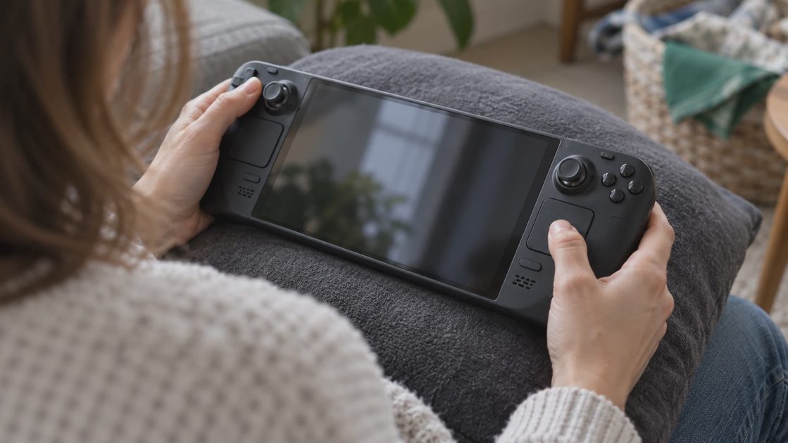 Hands holding a handheld gaming PC on a lap cushion, with the right thumb resting on its trackpad.